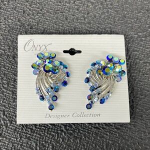 Onyx Iridescent Blue and Silver Clip on Earrings